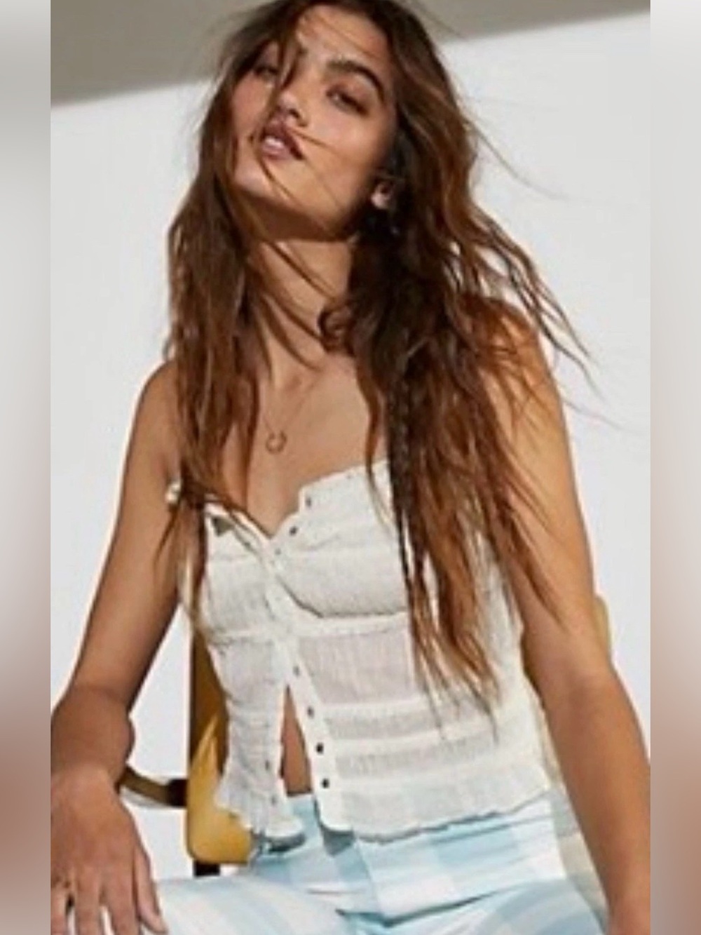 Free People White Smocked Button-Front Cami